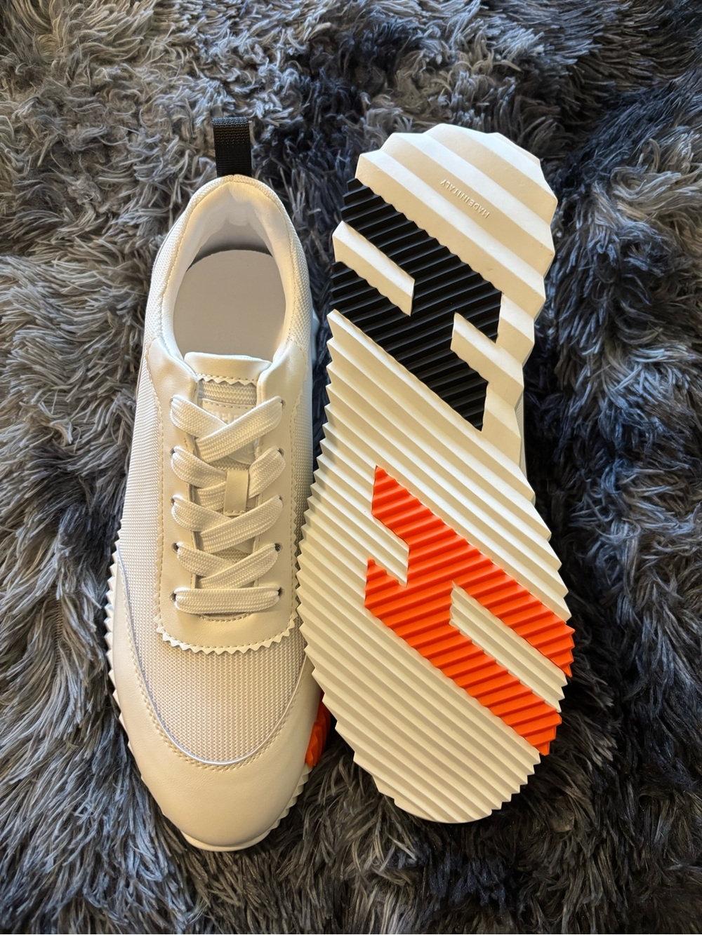 Hermes White Cream Leather & Mesh Sneakers with Black and Orange Accents - Picture 5 of 6